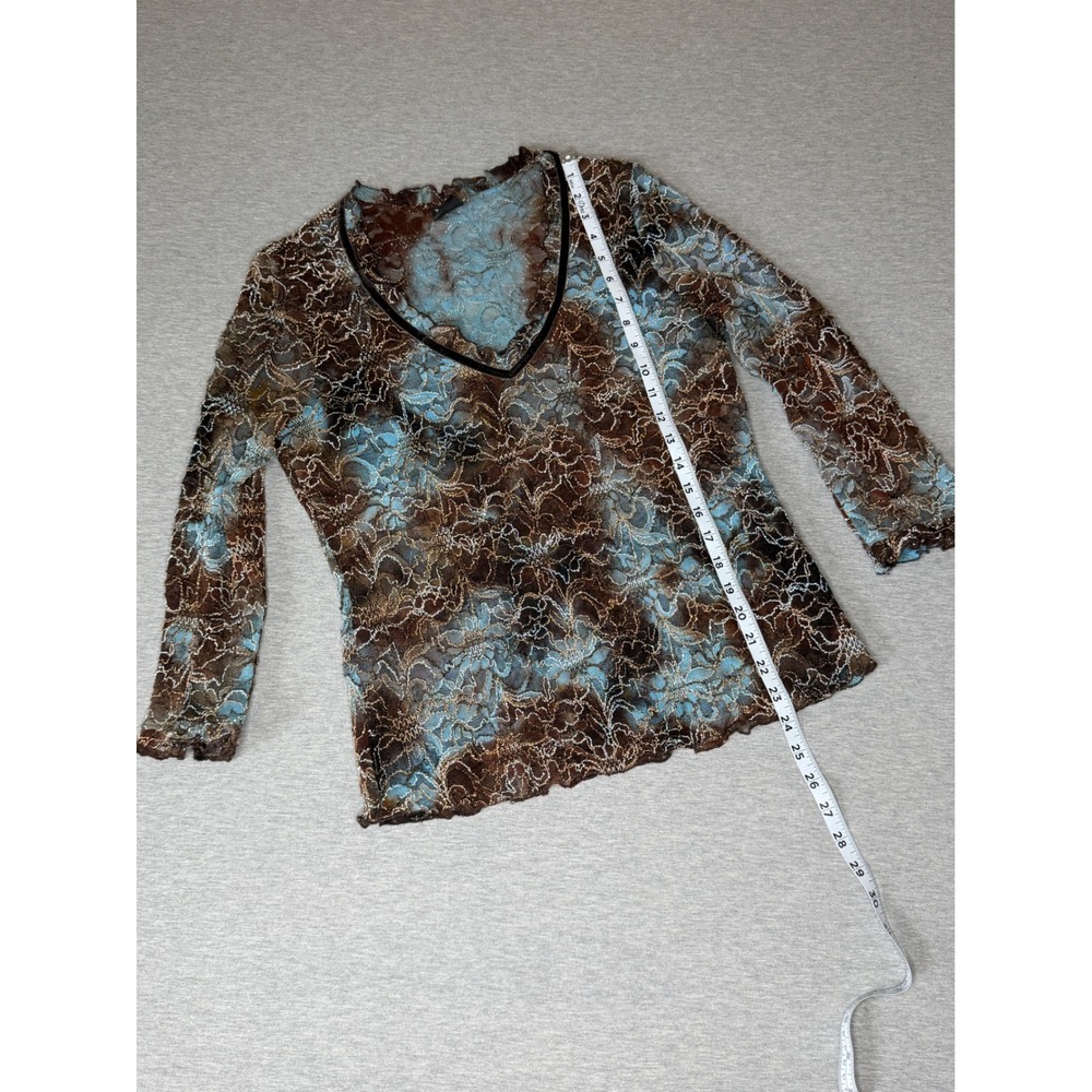 Tribal Women Brown Blue Floral Lace V-Neck Long Sleeve Top L 41810-468 - Picture 4 of 8